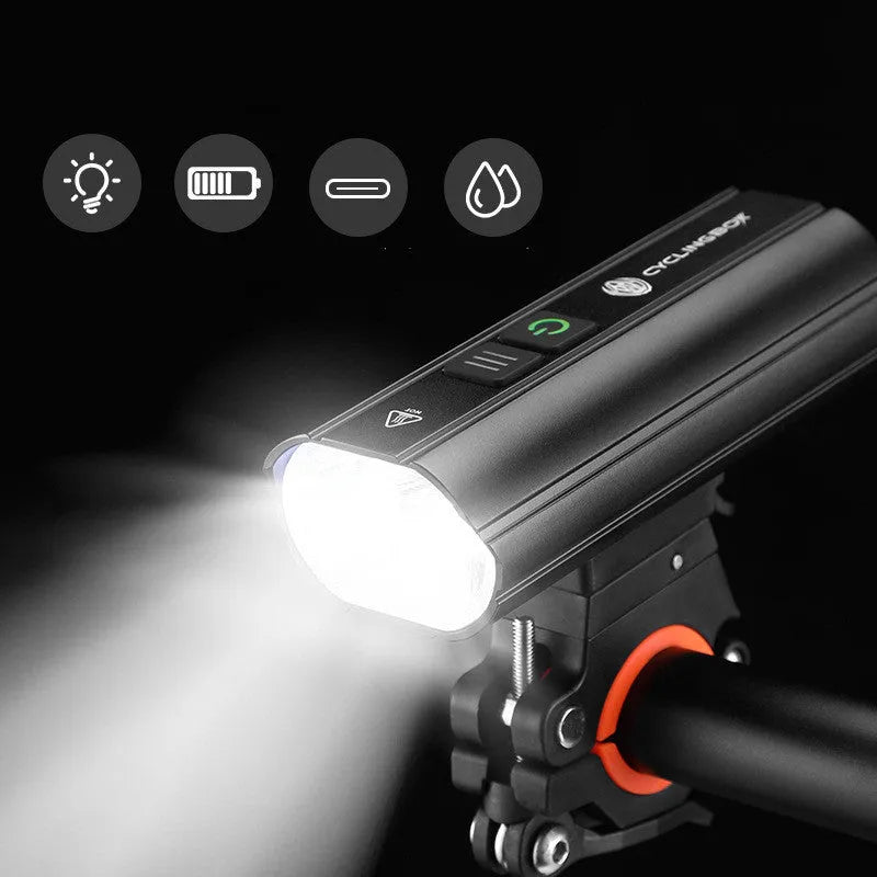 Black rechargeable bicycle light 1800 lumens with aluminium alloy body and POM bracket on handlebar