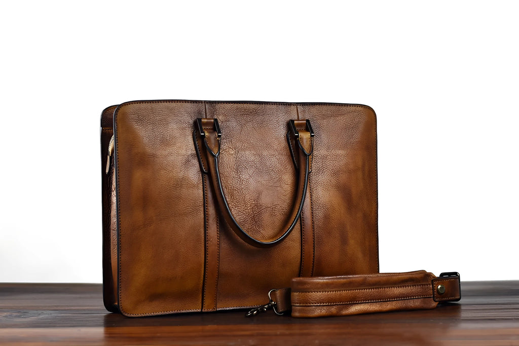 Men's 14-inch horizontal leather business handbag in khaki and black colours