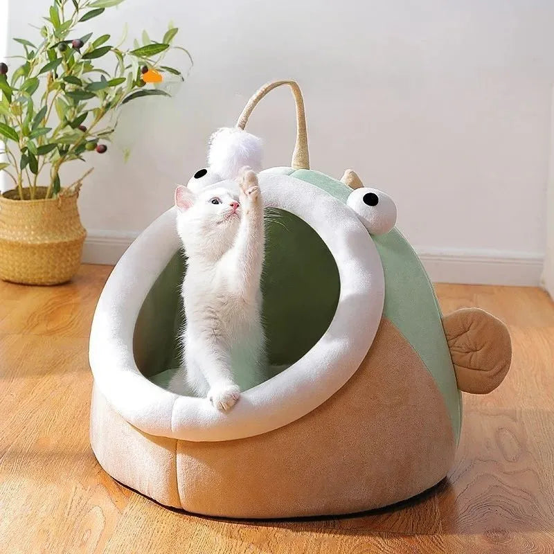 Deerskin velvet semi-closed cat house lantern fish design in grey, shown in small medium large sizes