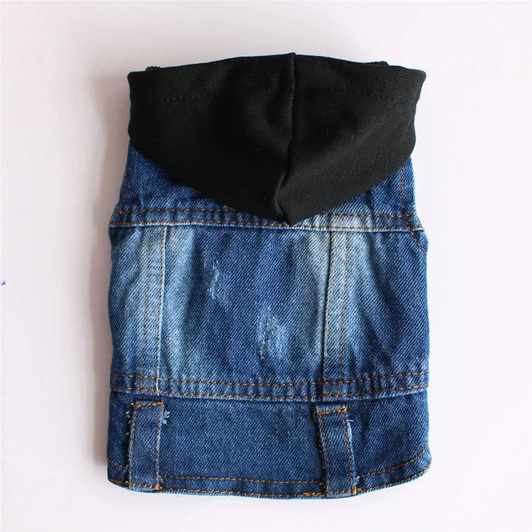 Spring knitted hooded denim pet clothes in black hat style, casual unisex fit for dogs and cats