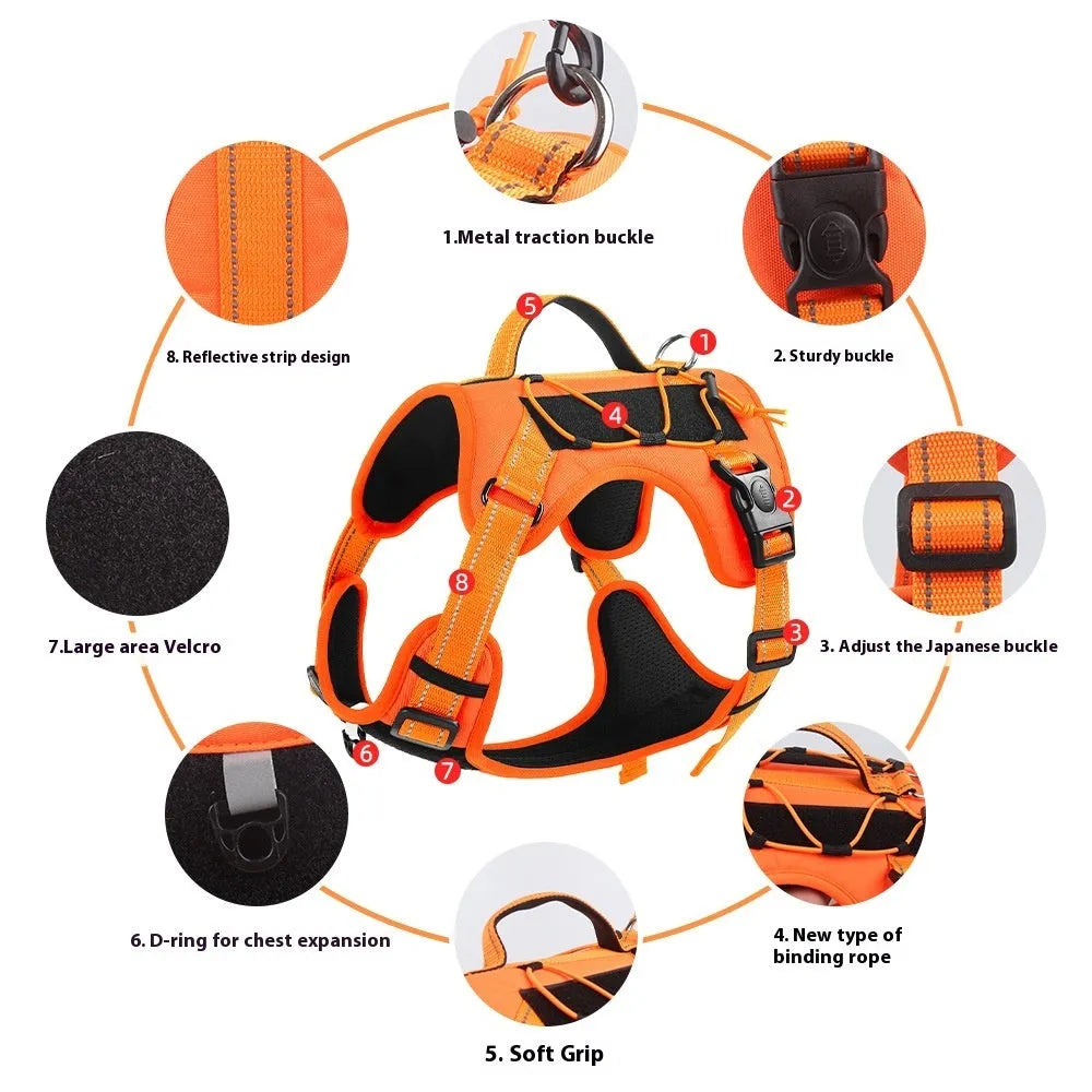 Polyester dog harness with hand holding rope in black, size medium, for anti breaking loose walking