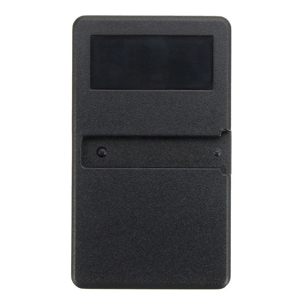Black three-button LiftMaster garage door remote control with rolling code.
