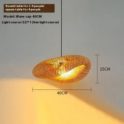 Bamboo straw hat-shaped hanging lamp with natural rattan shade measuring 50cm diameter