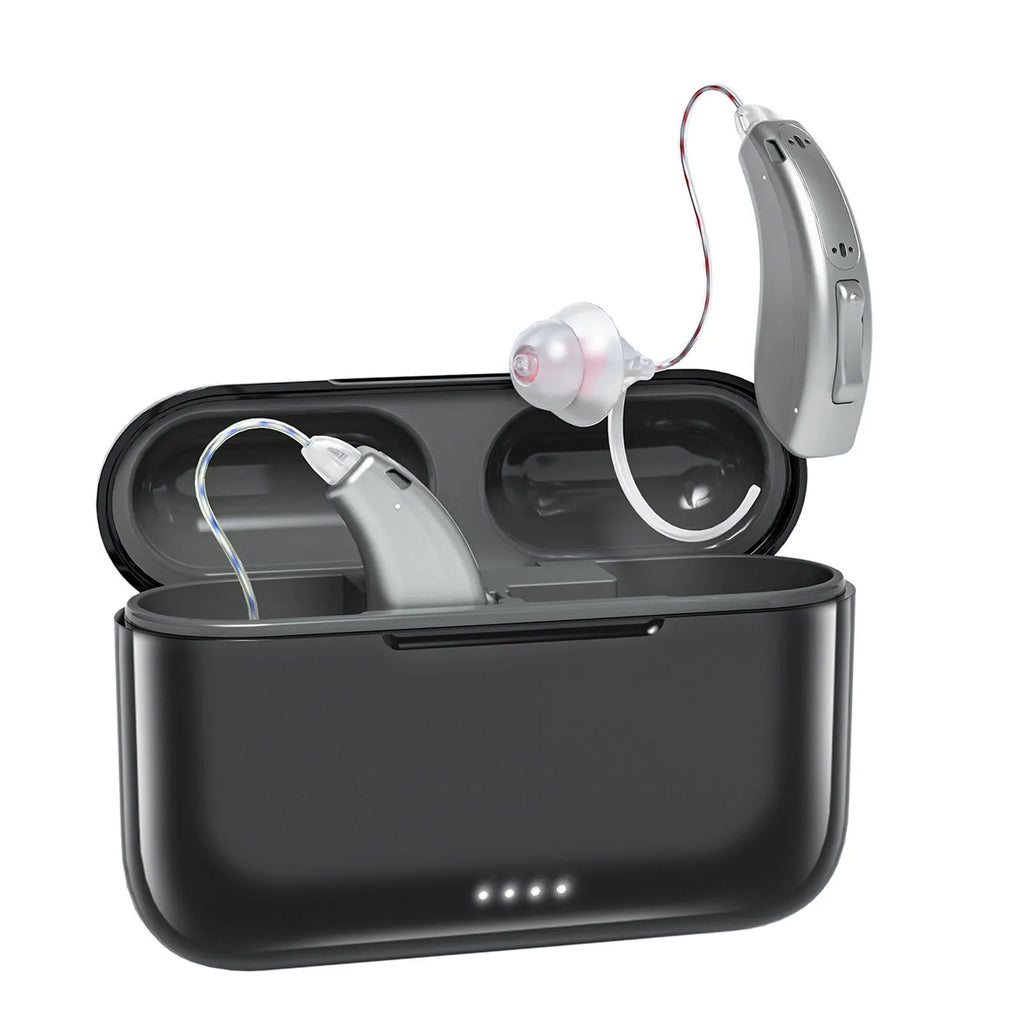 Black wireless back-of-ear rechargeable Bluetooth hearing aid with Type-C charging and silicone ear domes