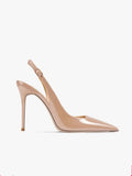 Women's nude leather ankle-strap high heels with hollow design and button fastening