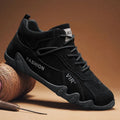 Men's grey low-cut slip-on work shoes with non-slip sole and elastic band.