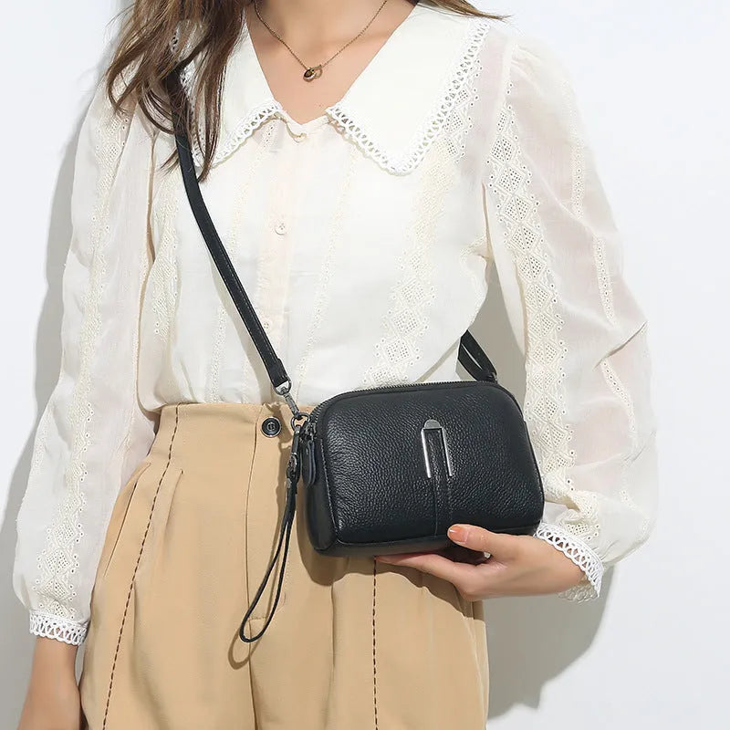 Genuine leather women's shoulder bag in a horizontal square shape, shown in dark khaki colour.