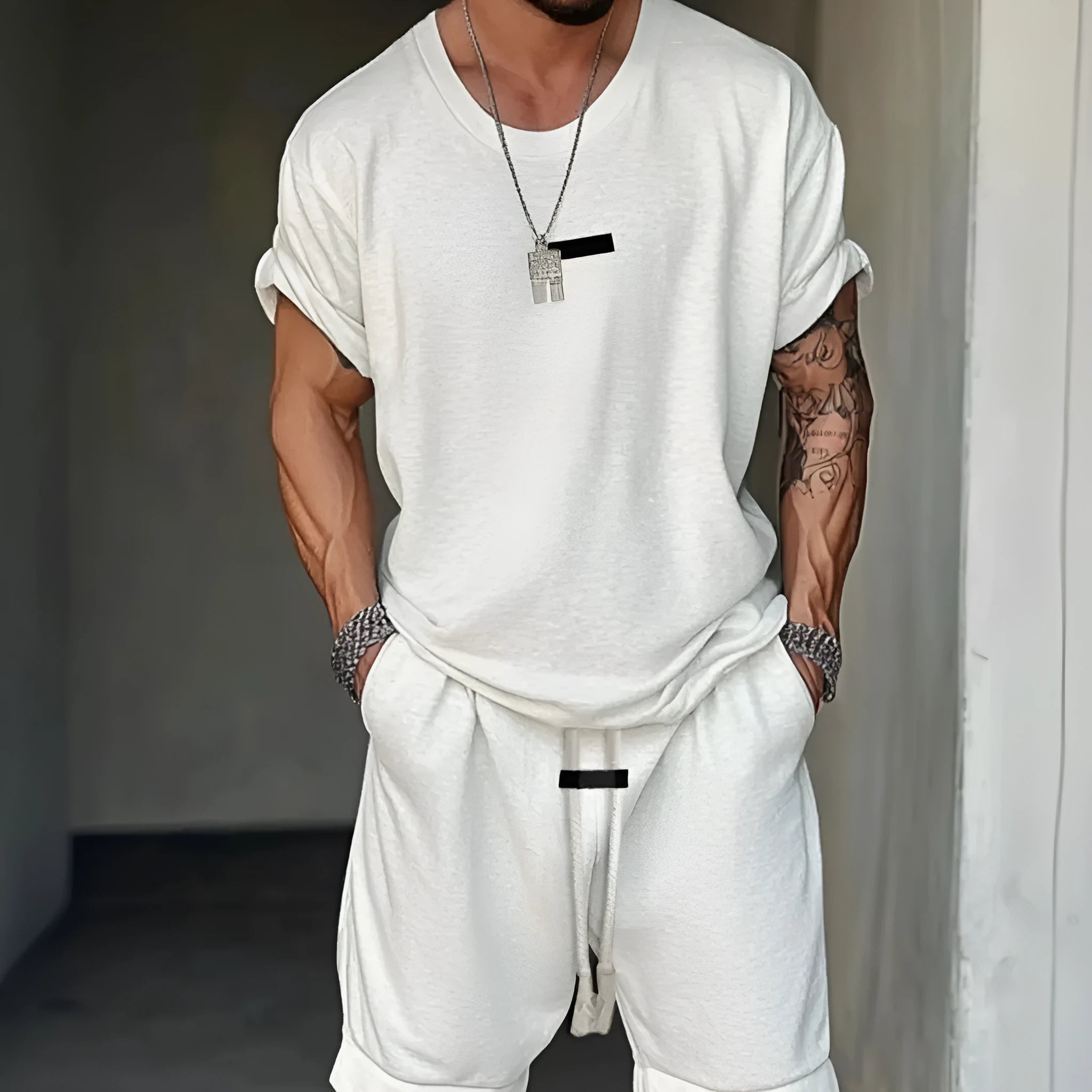 Men's grey mesh T-shirt and shorts matching set with white letter printing.