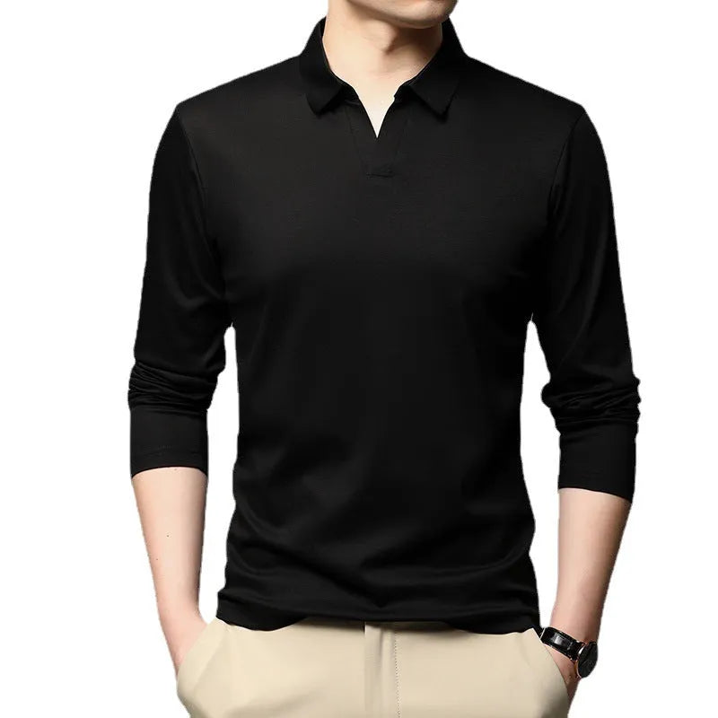 Men's solid colour cotton lapel long sleeve casual shirt in regular fit, black colour