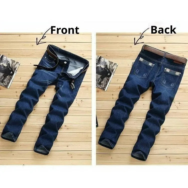 Men's slim-fit skinny jeans in dark blue, mid-rise with zipper fly, sizes 28 to 40