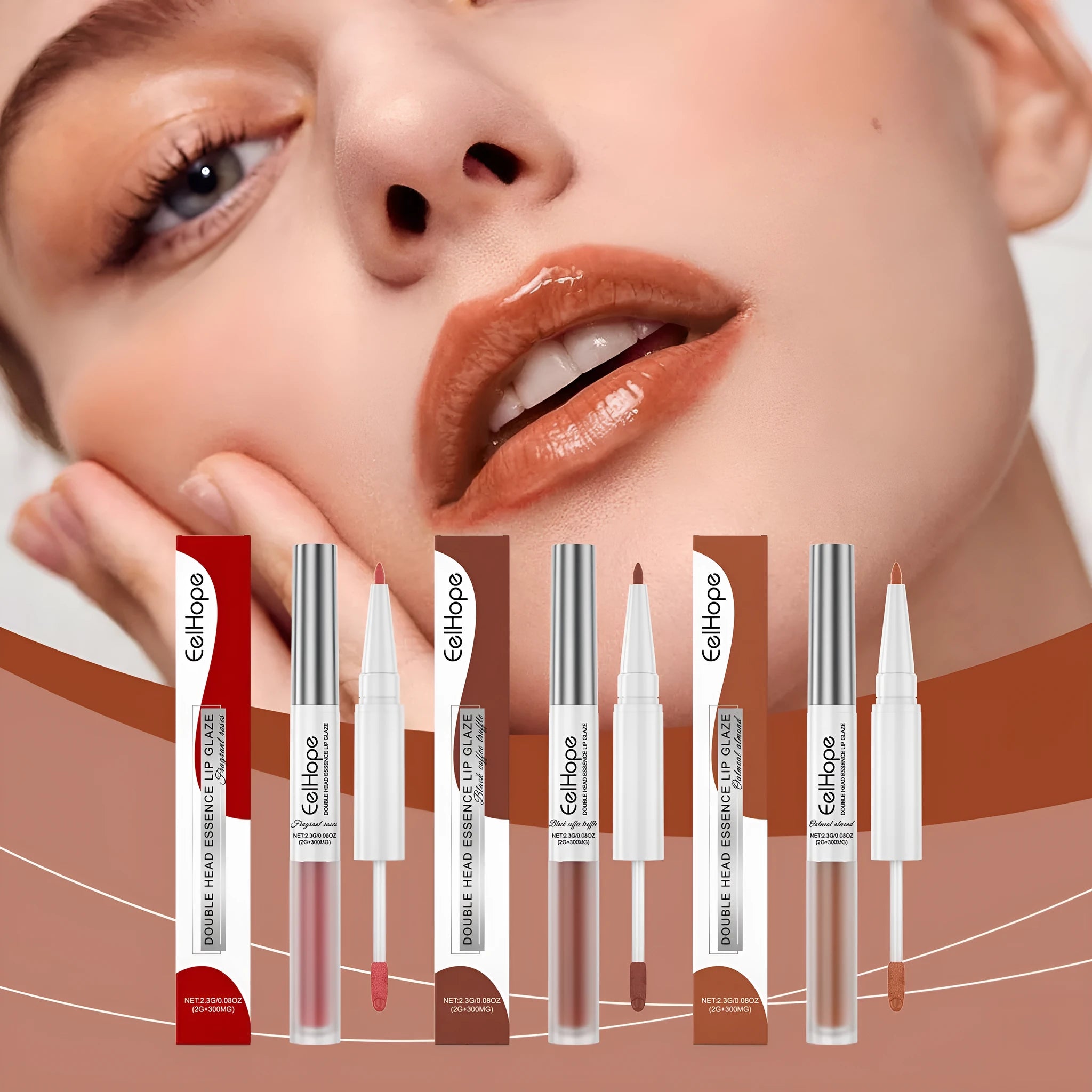 Double-headed lip liner and lip lacquer pen showing two applicators with shade options Black Coffee Truffle, Fragrant Attack, Oat Almond.