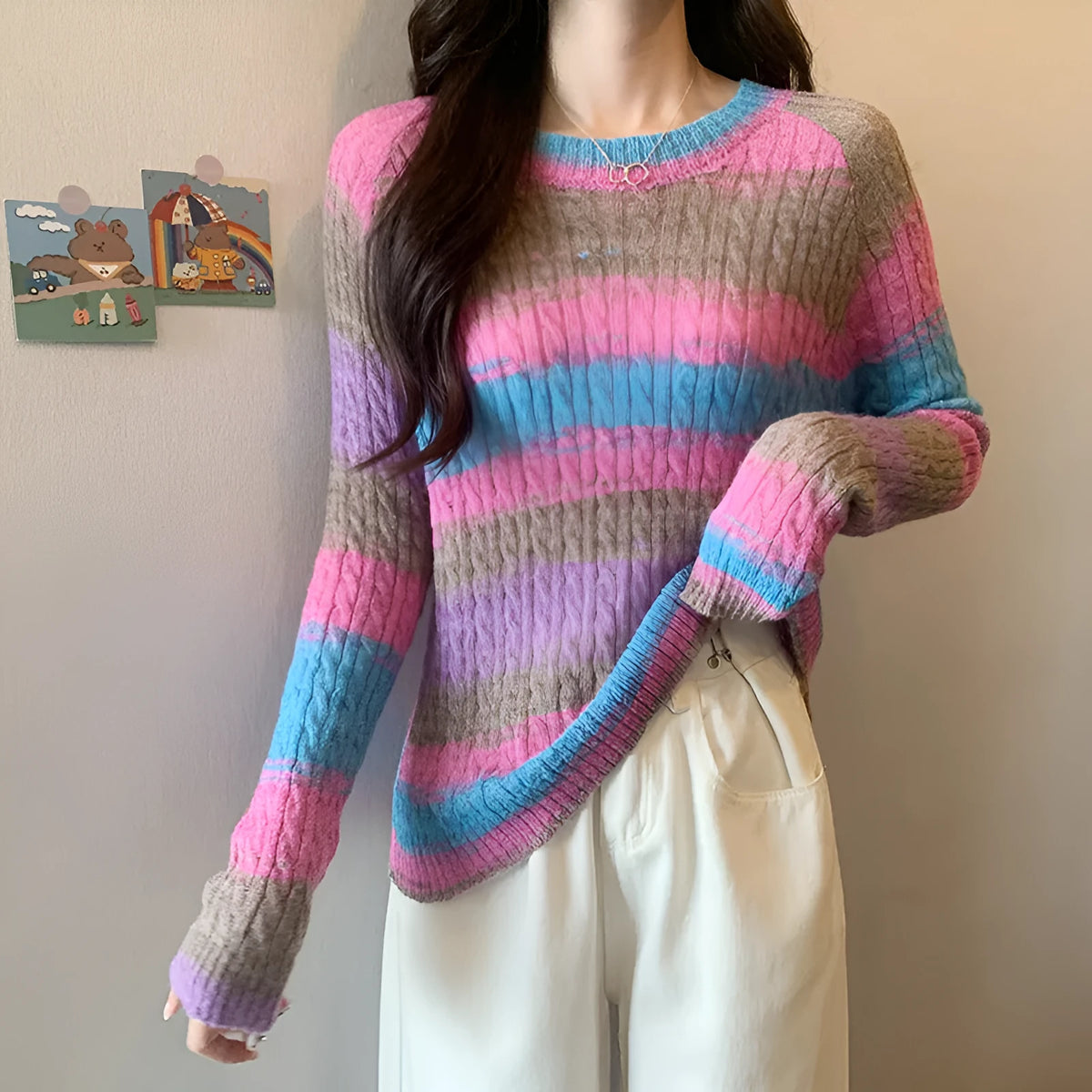 Women's striped round neck pullover sweater in pink or purple, slim fit, long sleeves, 50cm length, average size