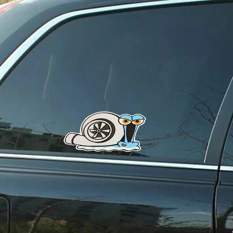 White cartoon snail reflective car sticker measuring 12cm by 8cm