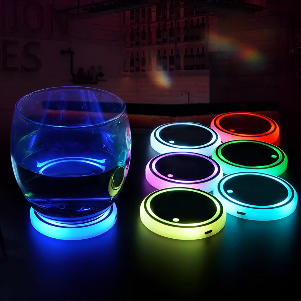 Colourful LED light-up coaster for car cup holder with USB cable and seven light colours.