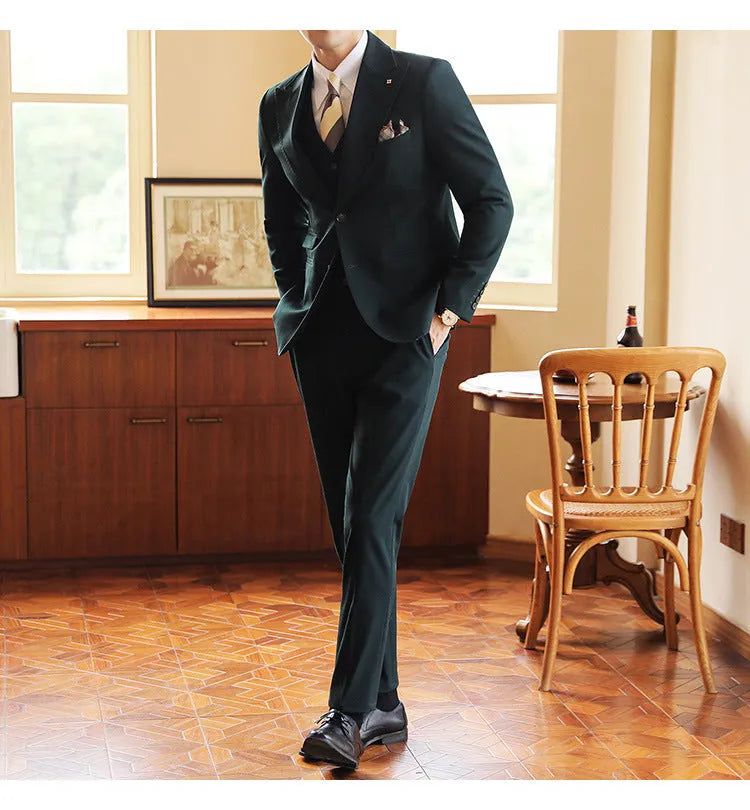 Men's slim fit three-piece corduroy linen blend suit set with coat, vest, and trousers in caramel
