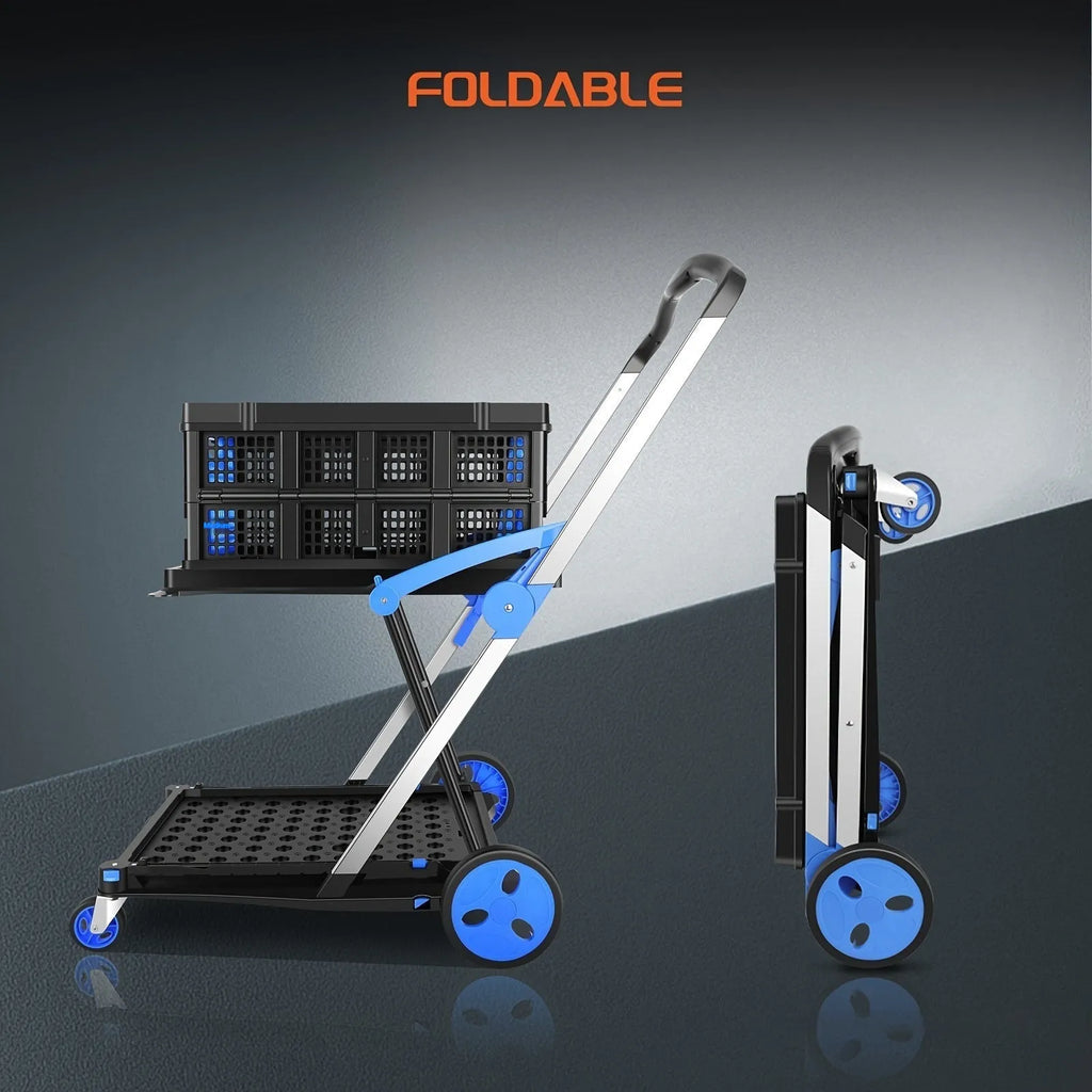 Foldable plastic shopping cart with double layer baskets in blue colour