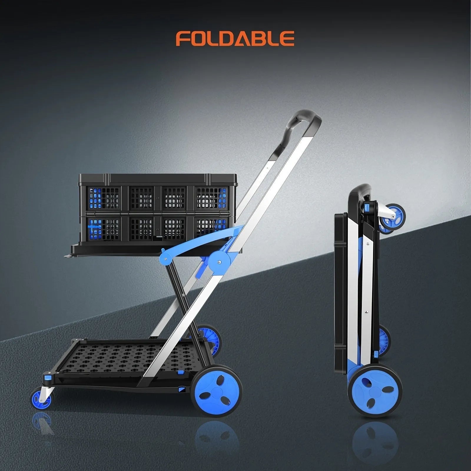 Foldable plastic shopping cart with double layer baskets in blue colour