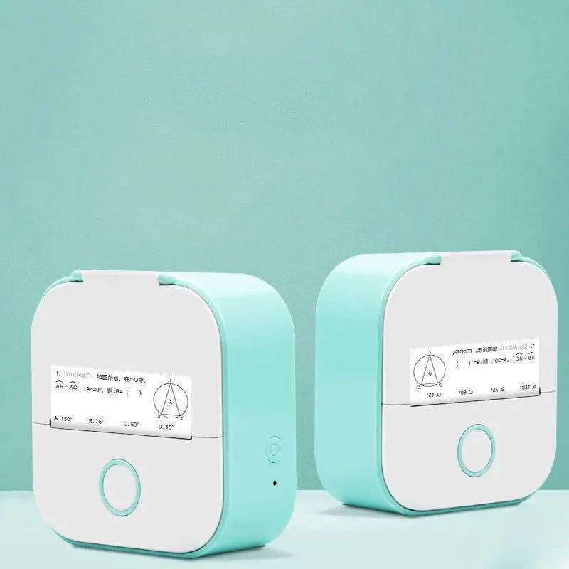 Portable mini thermal label printer in white with Bluetooth, inkless printing, compact 87mm x 90mm x 40mm