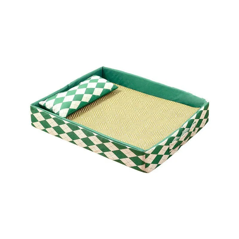 Blue rattan cat litter mat and bed in size L, showing woven texture and rectangular shape.
