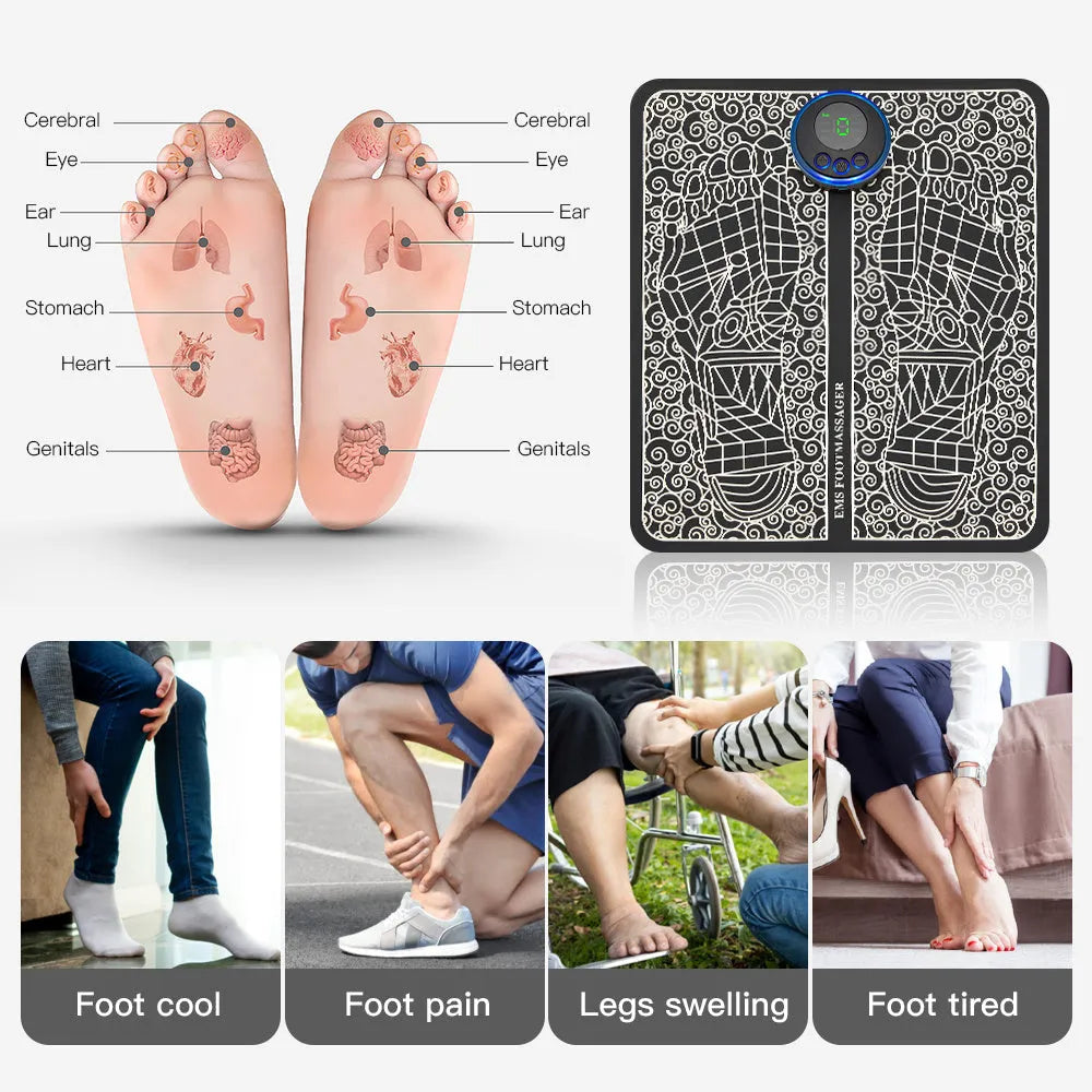 Rechargeable portable foot massage pad with infrared and EMS micro current, USB charging, push-button control