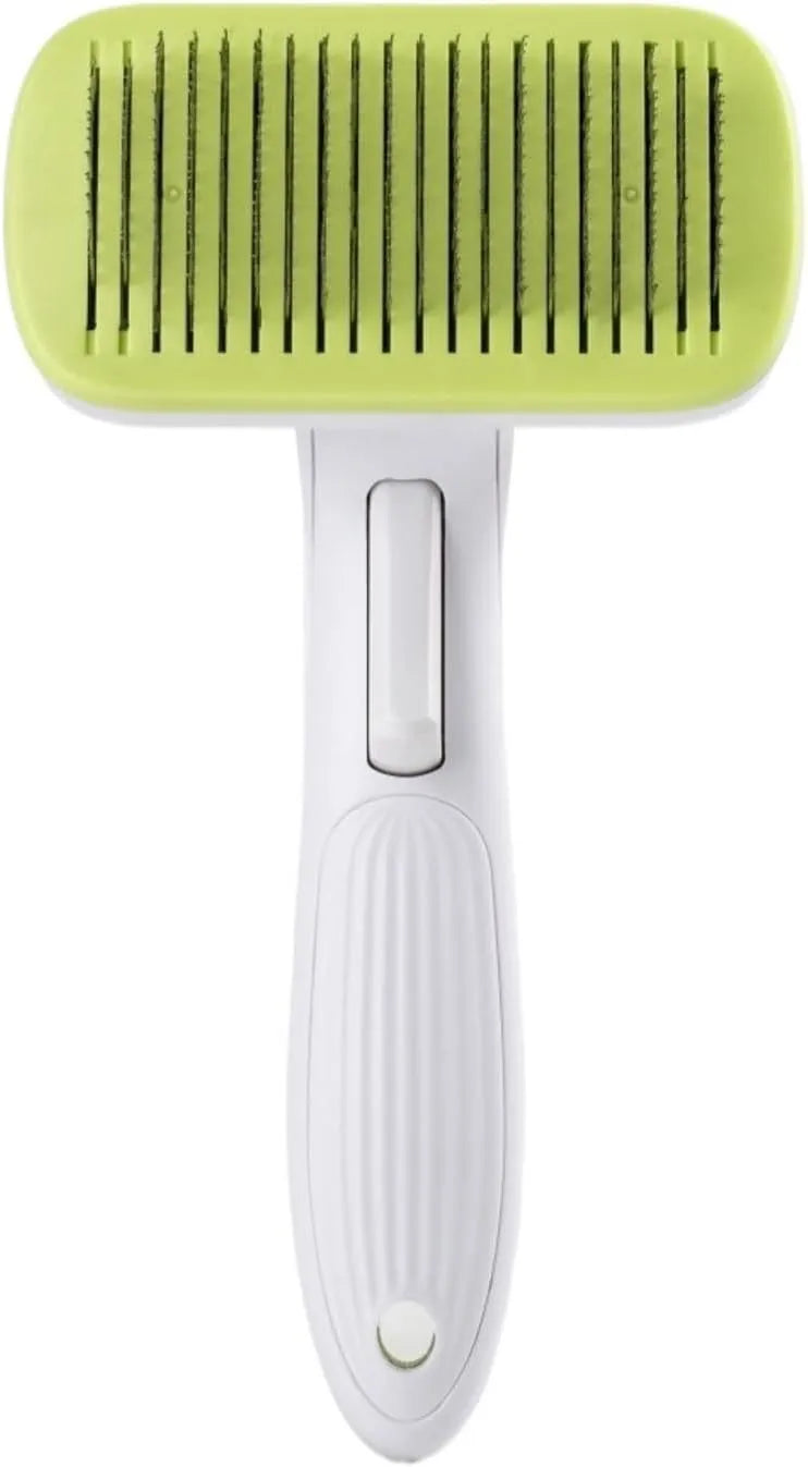 Automatic pet hair removal comb for dogs and cats showing colour options and compact size