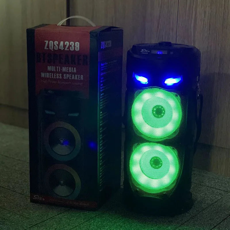 Black portable Bluetooth speaker with dual horn cannon design and USB charging port
