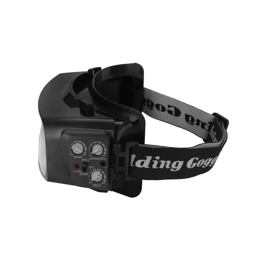 Black automatic darkening welding mask showing the large rectangular viewing lens and head strap.
