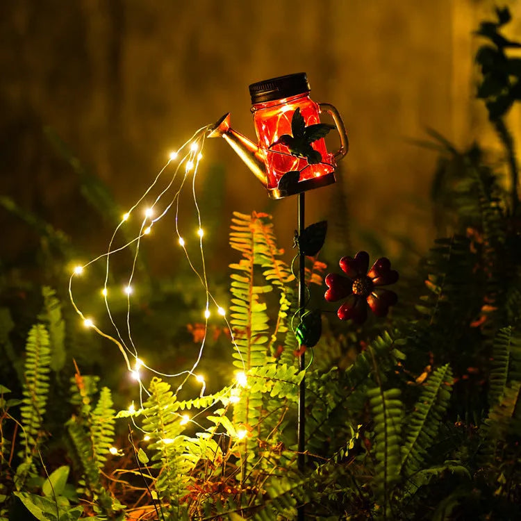 Solar iron kettle lamp with butterfly design, IP44 waterproof, 79.5cm tall for outdoor garden use