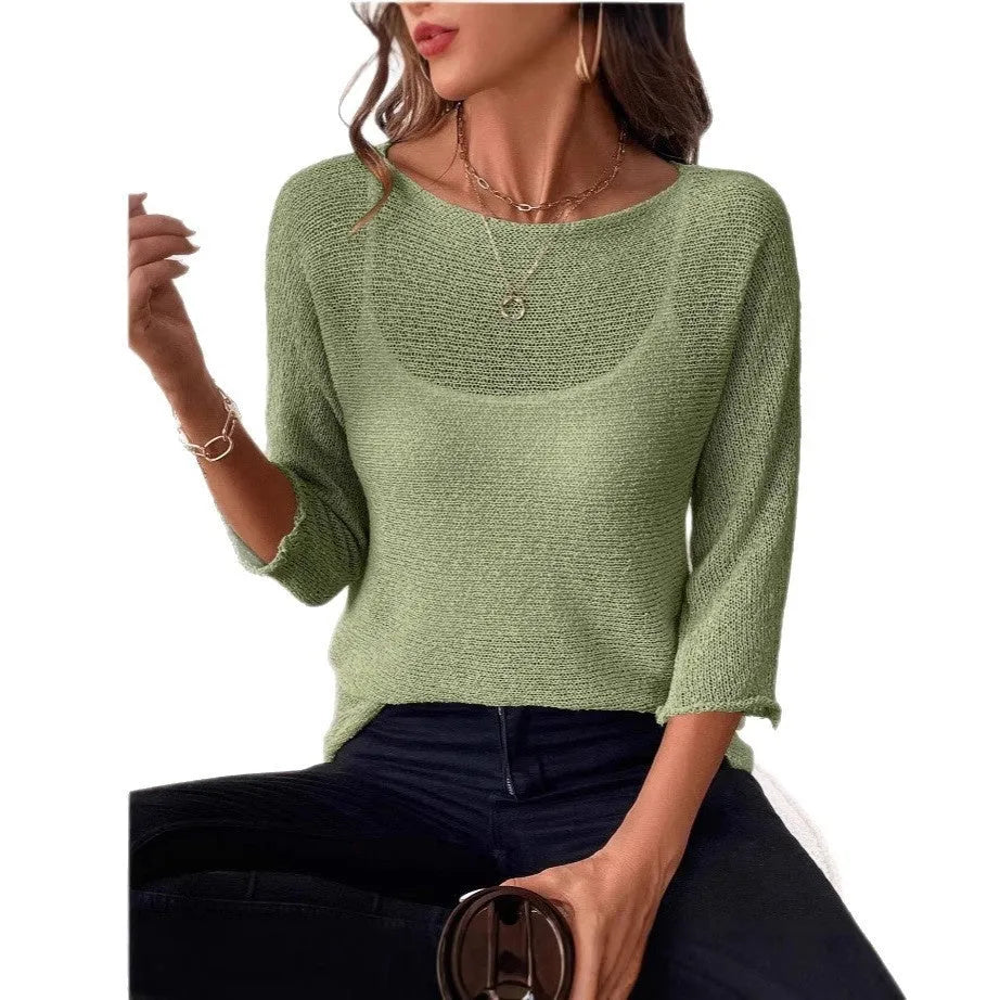 Women's thin knitted off-the-shoulder pullover top in light blue with a 3D pattern.