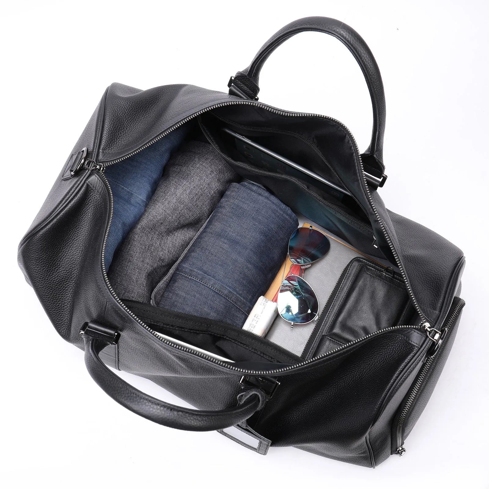 Men's black leather tote bag with single strap and large capacity design
