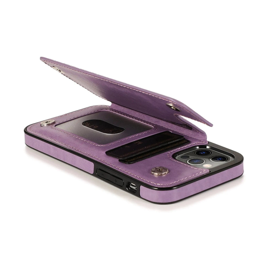Purple flip PU leather phone case with embossed mandala pattern and card holder slot open on a white background