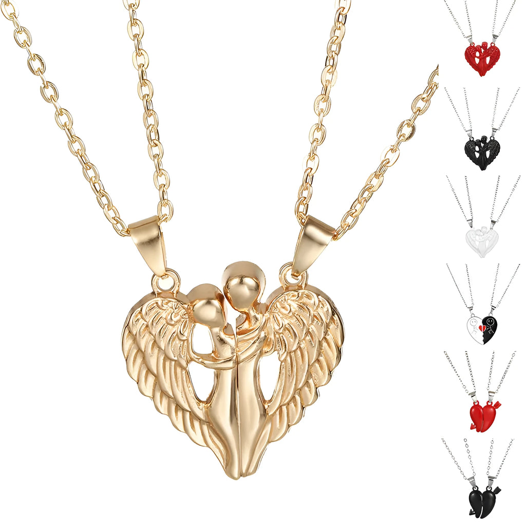 Angel wings hug necklace with heart-shaped alloy pendant, cross chain, magnetic clasp, 51-60cm perimeter