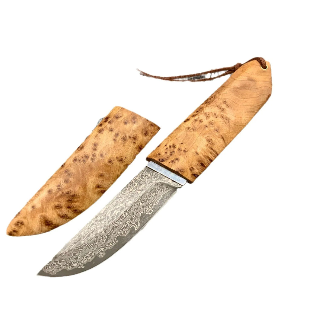 White Shadow short knife with Damascus steel blade and Thuja wood handle, showing full 18cm length.