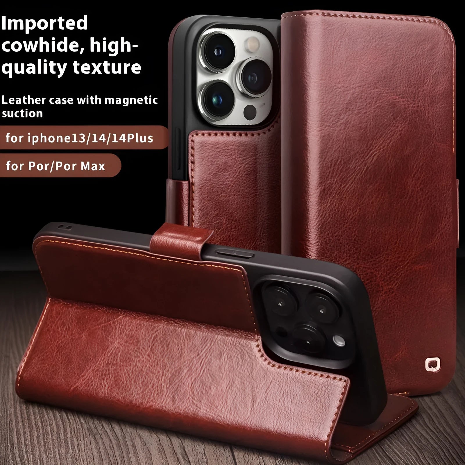 Genuine leather magnetic flip cover for iPhone 14 in black colour