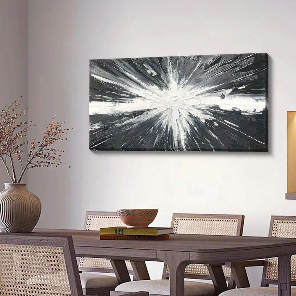 Handmade black and white abstract oil painting on canvas, horizontal orientation, modern living room wall art