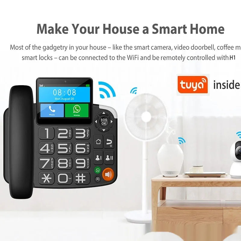 Black H1 Pro Android landline telephone with 4G dual card, touch screen and caller ID.