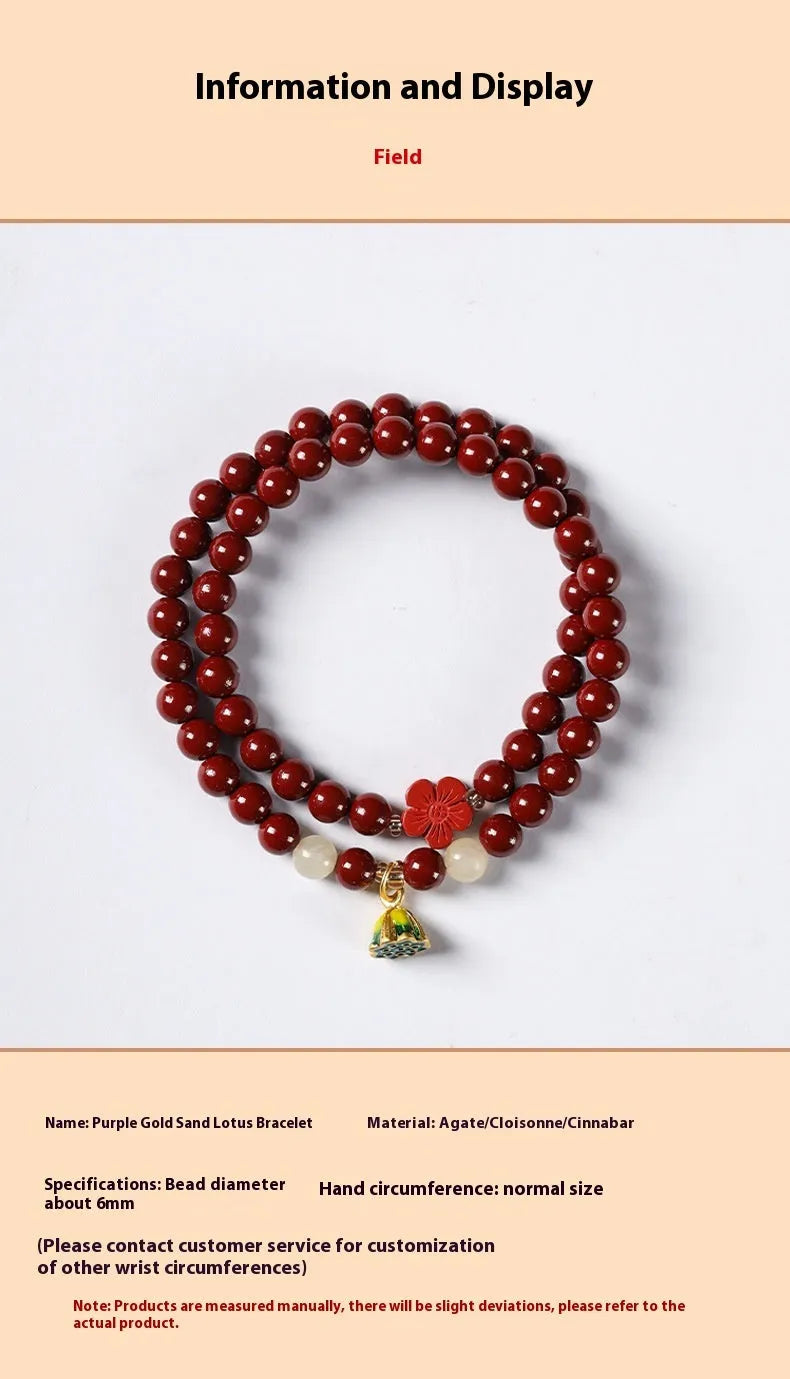 Purple gold sand cinnabar bracelet with double circle design and lotus seedpod centre