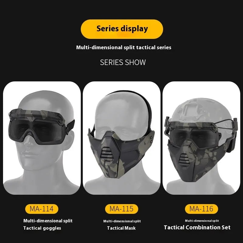 Tactical combination suit mask and goggles set in green with helmet style, free size, TPE and PC materials