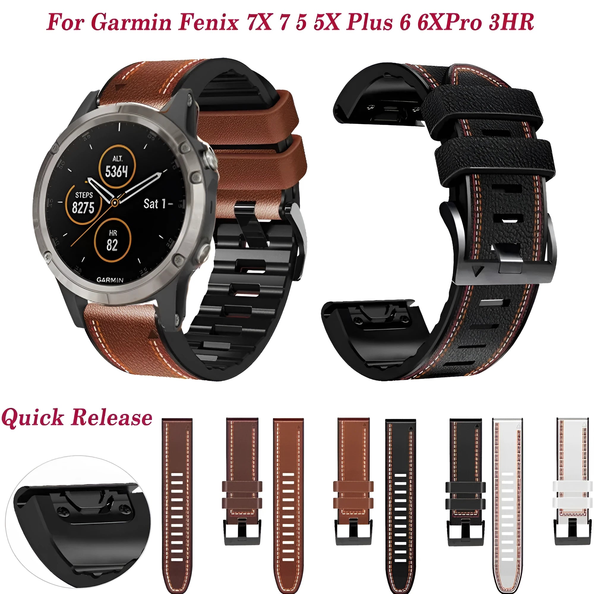 Silicone leather replacement watchband for Garmin Fenix smartwatches in four colour options