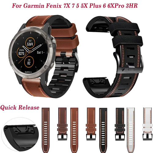 Silicone leather replacement watchband for Garmin Fenix smartwatches in four colour options