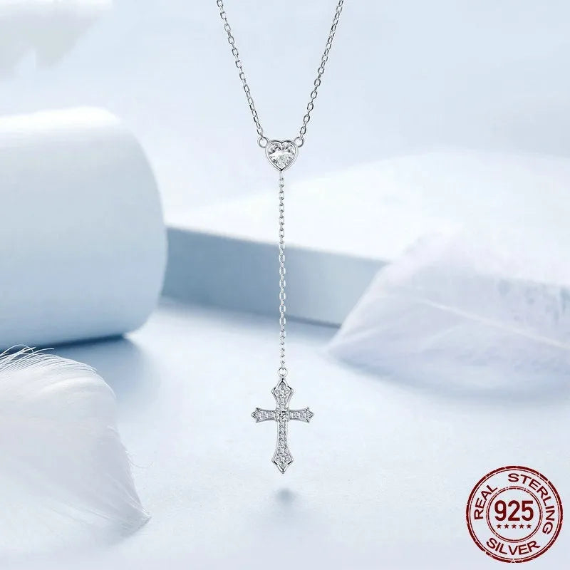 925 silver necklace with simple V-neck design and love cross pendant on O-ring chain