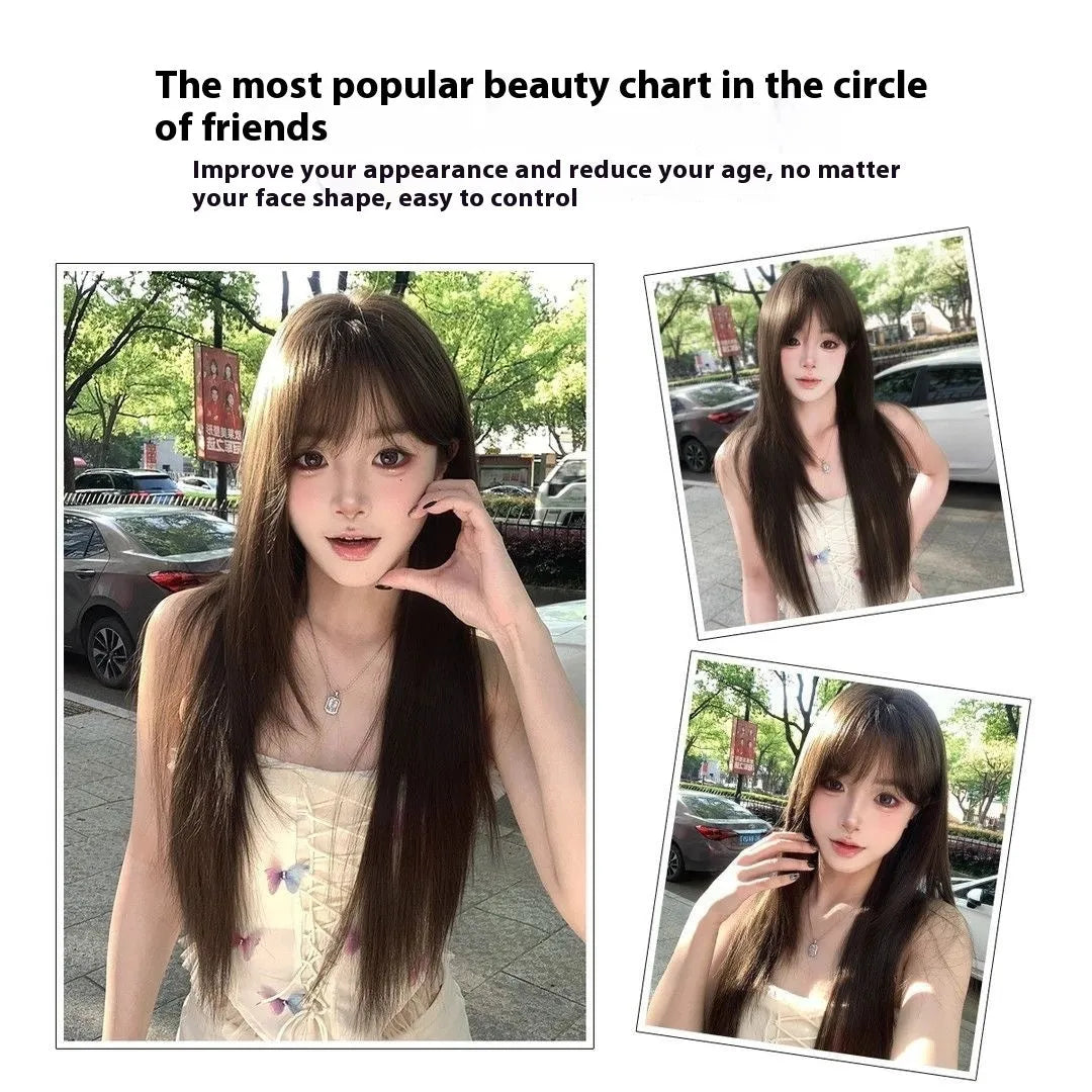 Brown black high-temperature fibre wig with seven-piece net construction for volume enhancement