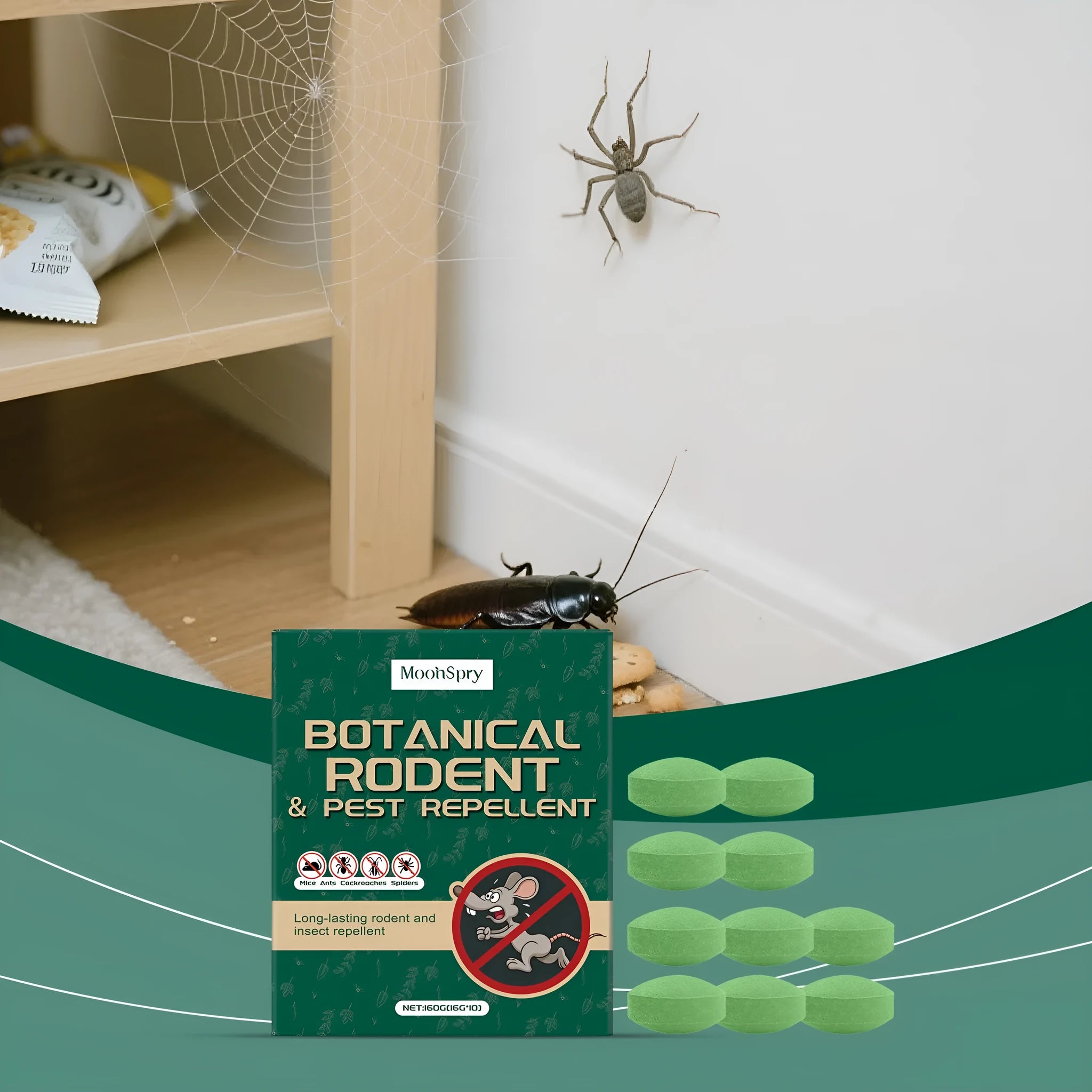 Ten 16g anti-mouse repellent pills and three mesh bags for warehouse and household rodent protection.