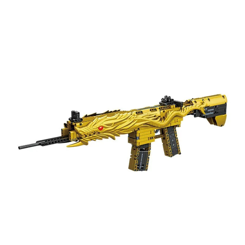 Golden Sand Eagle Gun M416 rifle model built from small particle plastic building blocks, colour box packaging
