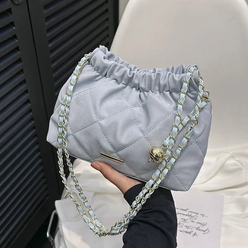 Fashion rhombus chain shoulder messenger bag in soft PU, horizontal square shape, single shoulder strap, available in black, blue, pink, white