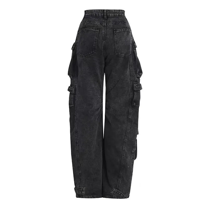 Women's tie-dyed high waist wide leg trousers with multiple pockets in denim fabric