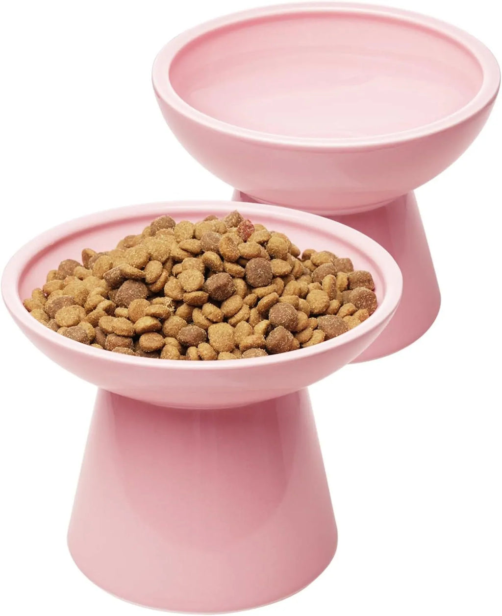 Ceramic elevated cat food bowl in blue colour with wide shallow design