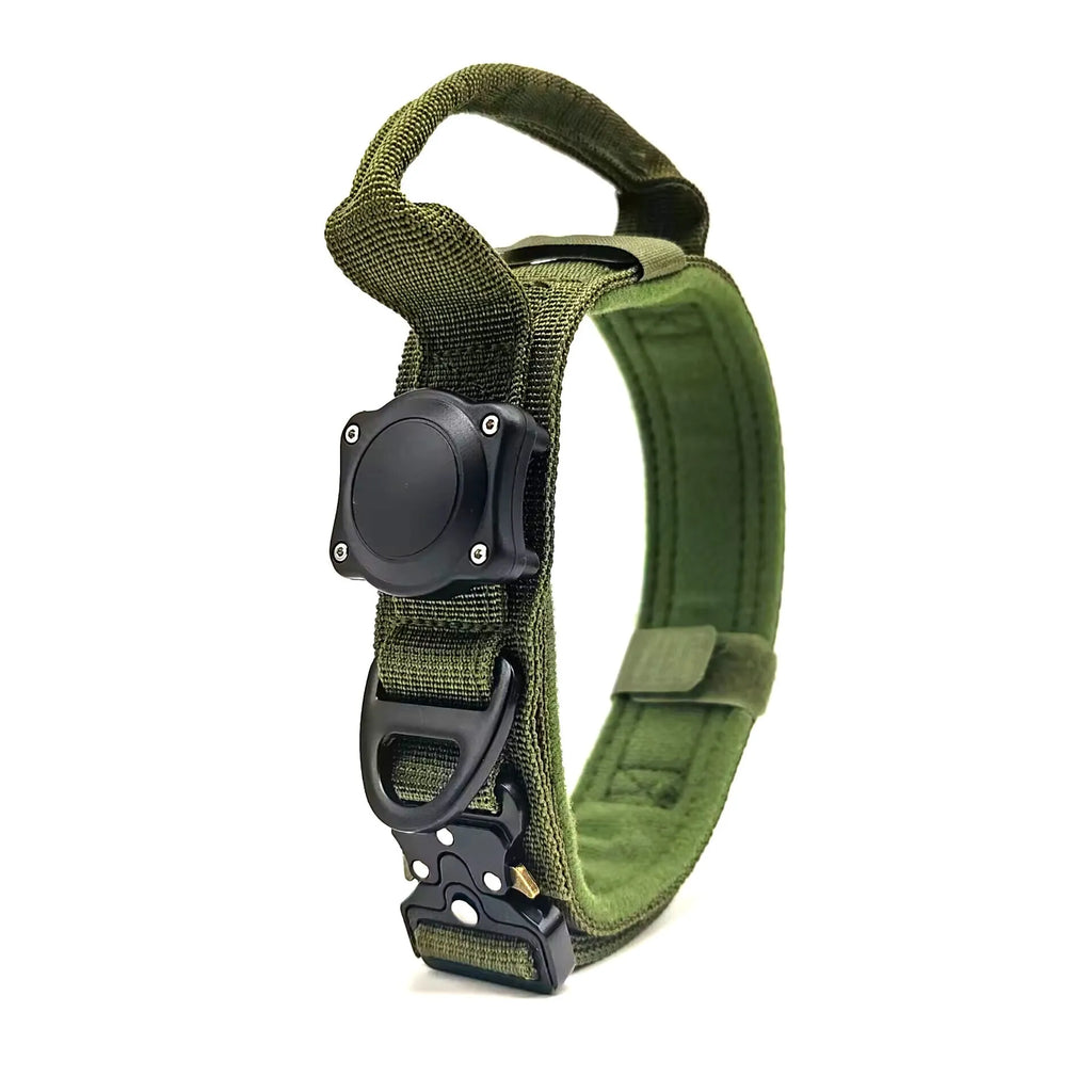 Tactical waterproof dog collar in khaki with a metal D-ring on a grey background.