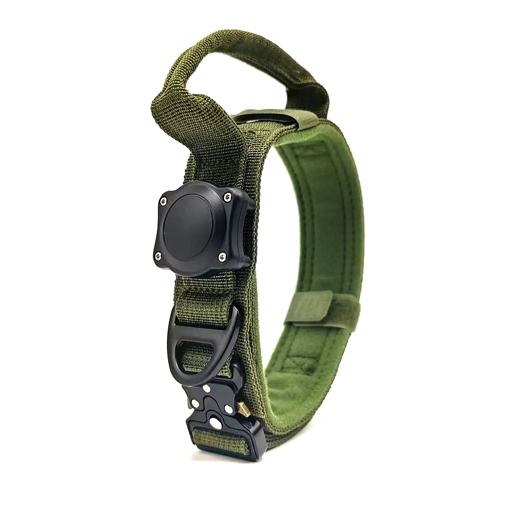 Tactical waterproof dog collar in khaki with a metal D-ring on a grey background.