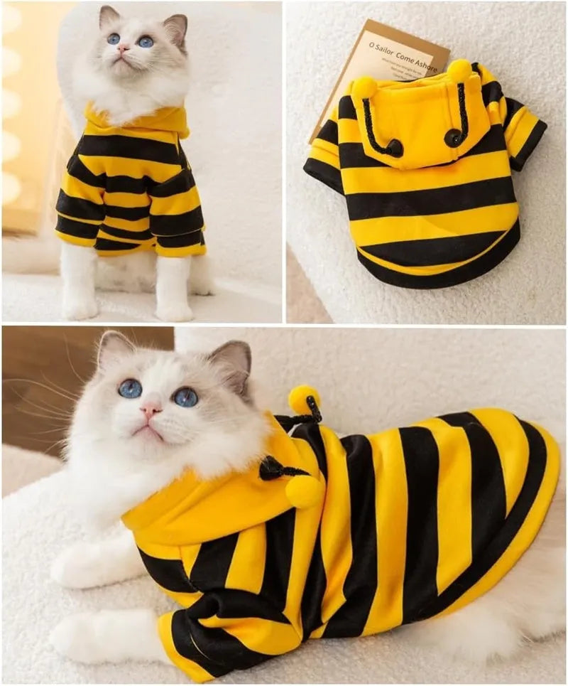 Bee antenna pet hoodie in yellow and black stripes with back belt hook, sizes XS to XXL